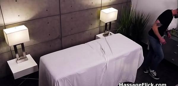  Milking cock under the table during massage